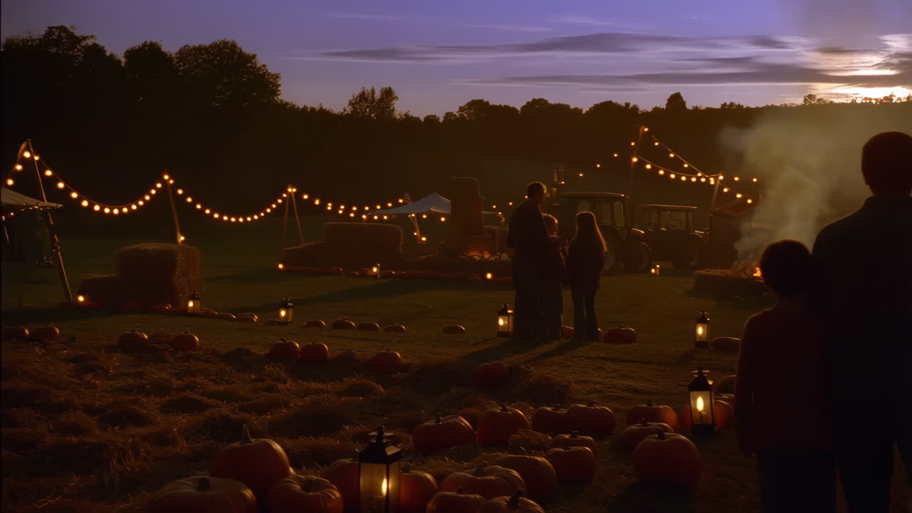 Family at a pumpkin patch at night