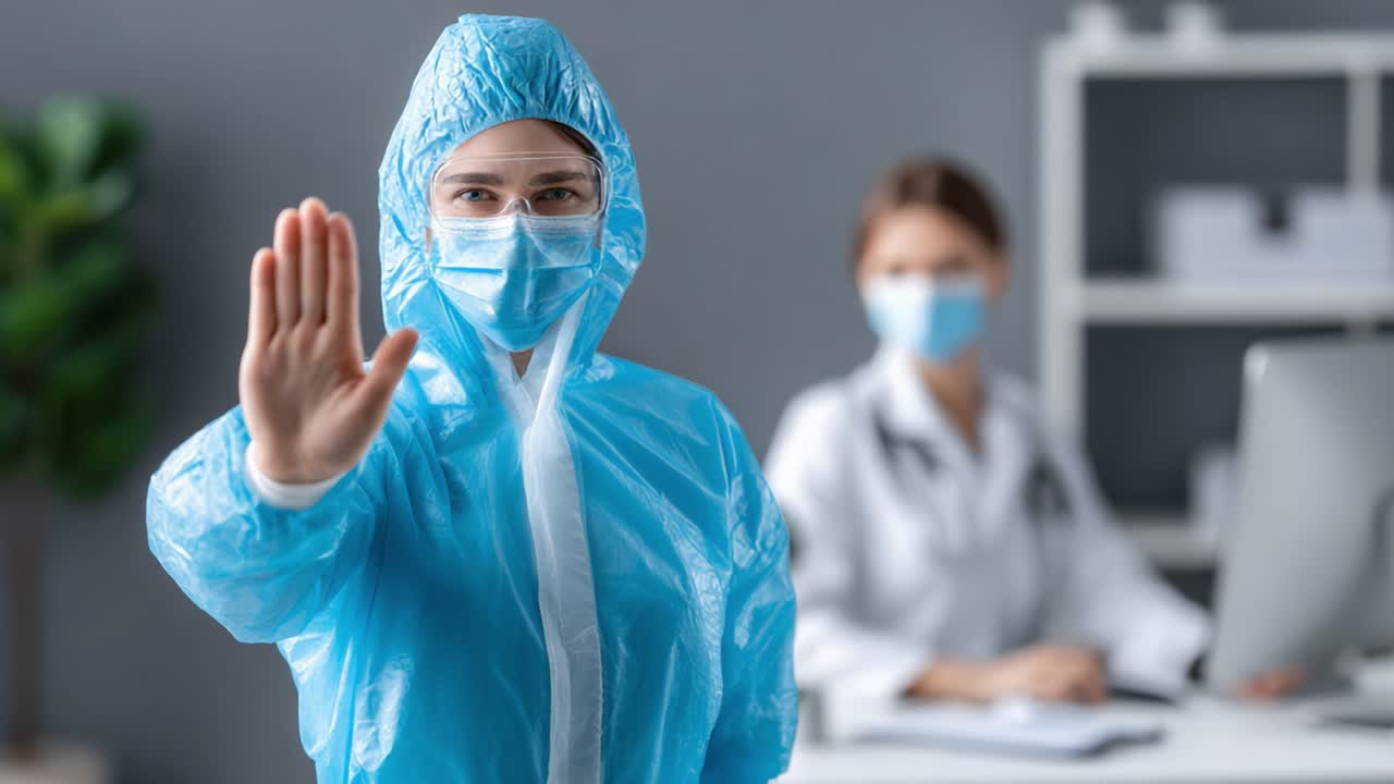 A healthcare professional in protective gear raises their hand to convey importance and safety, emphasizing the need for precaution while a colleague observes in the background
