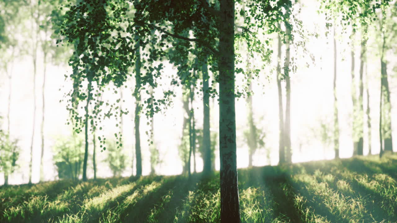 Sunlit forest with gentle light and lush greenery in tranquility