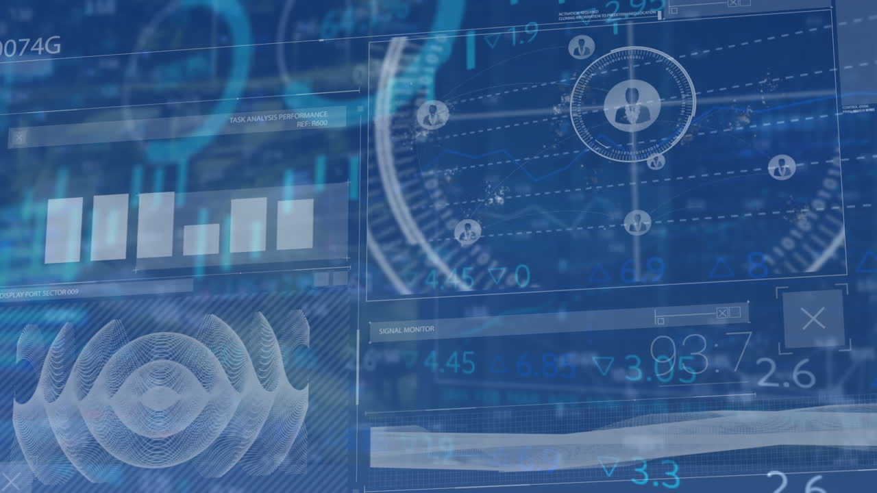 Animation of graph, soundwave, profile icons and numbers over trading board in background