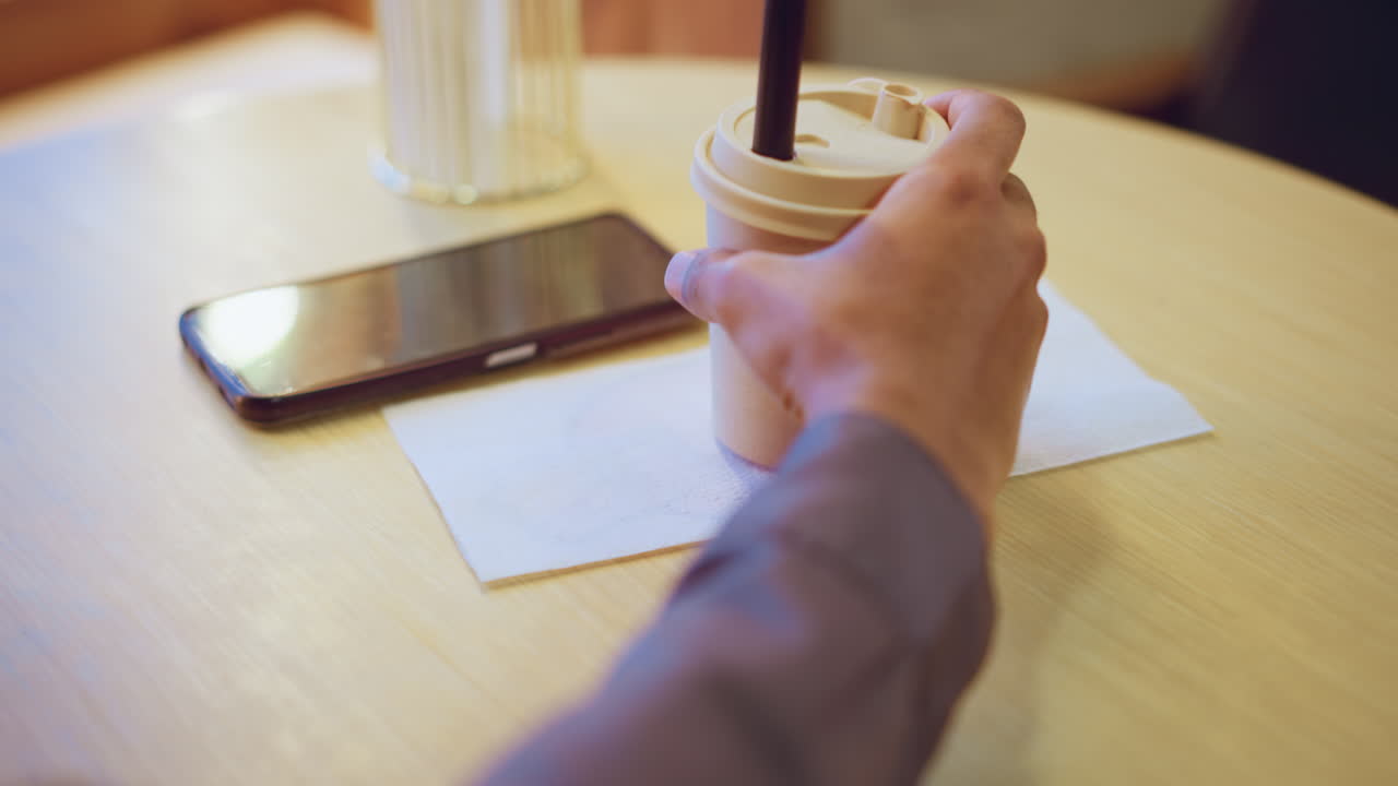 Man in casual shirt raises paper cup while seated at wooden table with smartphone, tissue, and striped container. Warm tones, blurred arm, and natural light suggest relaxed setting in indoor cafe or lounge