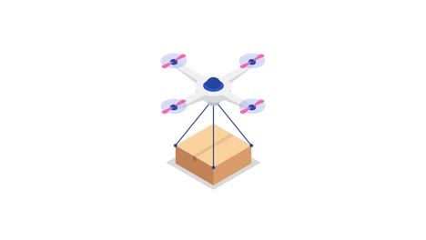 delivery drone and cardboard package. isometric loop animation on white background. 4k resolution.