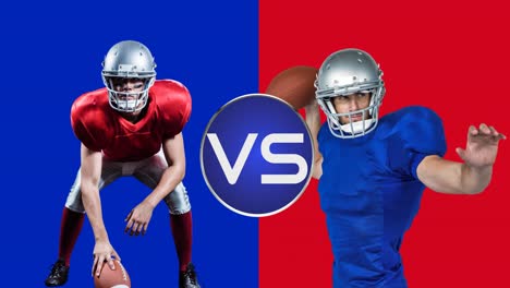 Animation-of-vs-text-over-american-football-players-from-two-teams-on-red-and-blue-backgrounds