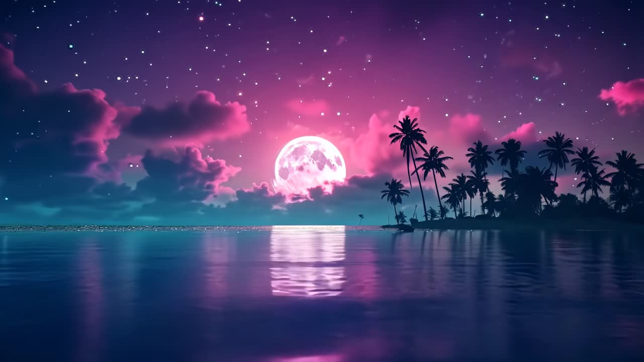 A dreamy, surreal video scene of a tropical beach at night, with a low-angle view capturing a pink
