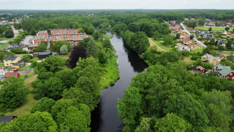 salmon fishing destnation, morrum river, flying along water stream, blekinge, sweden, aerial