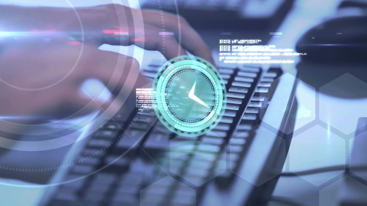 Animation of data processing and clock over caucasian woman typing on computer keyboard