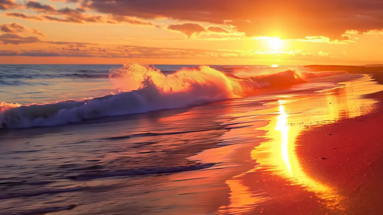 A stunning sunset over ocean waves, captured at eye level. The vibrant colors and serene ambiance