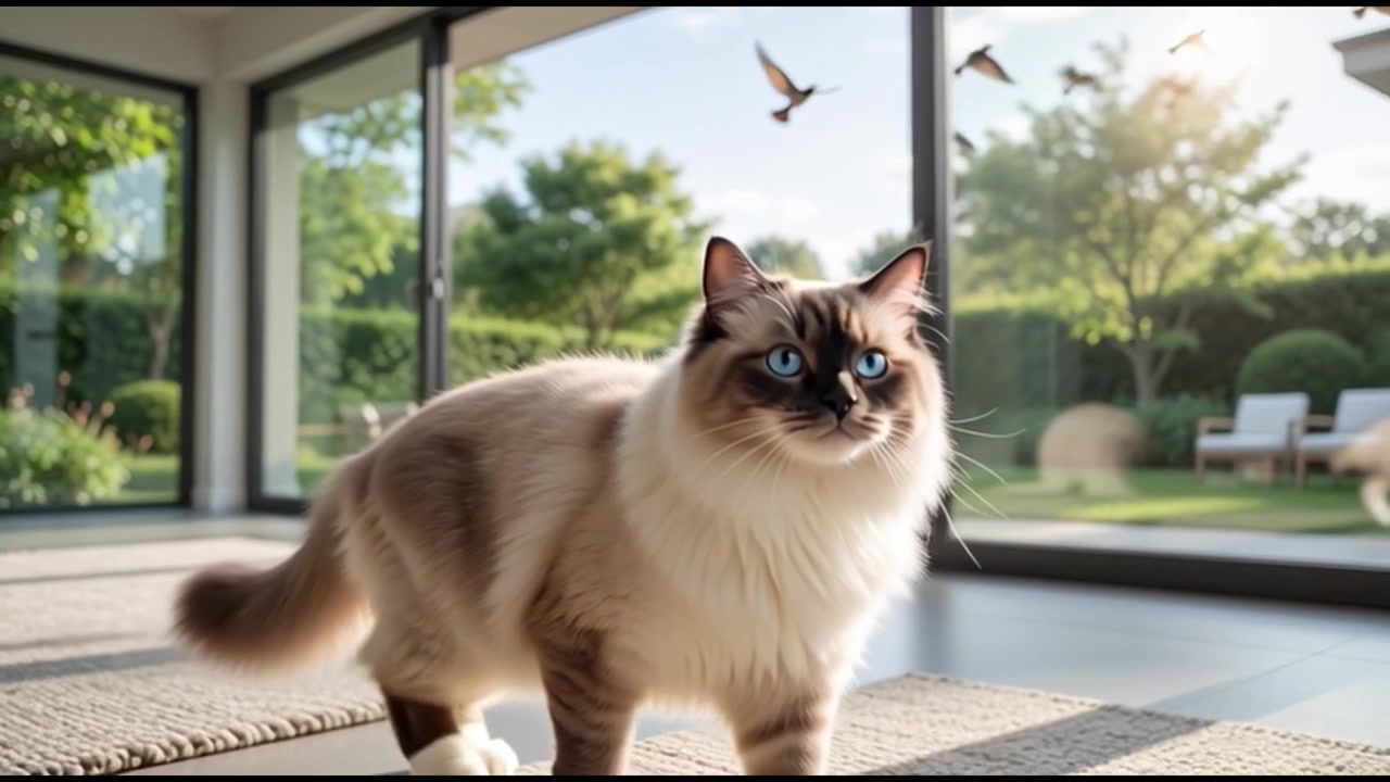 Gatto Ragdoll che Osserva Uccelli Attraverso una Porta a Vetri