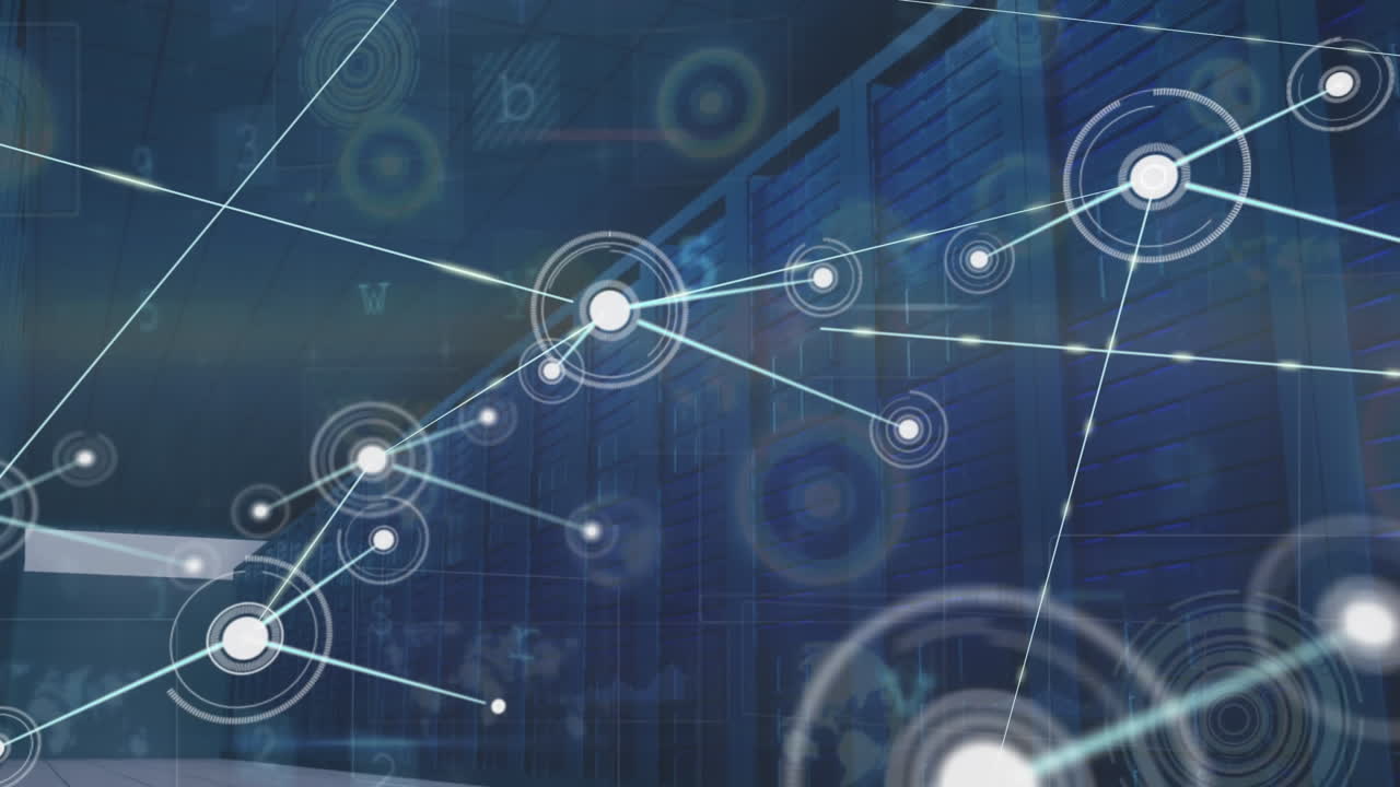 Animation of network of connections with icons and data processing over computer servers