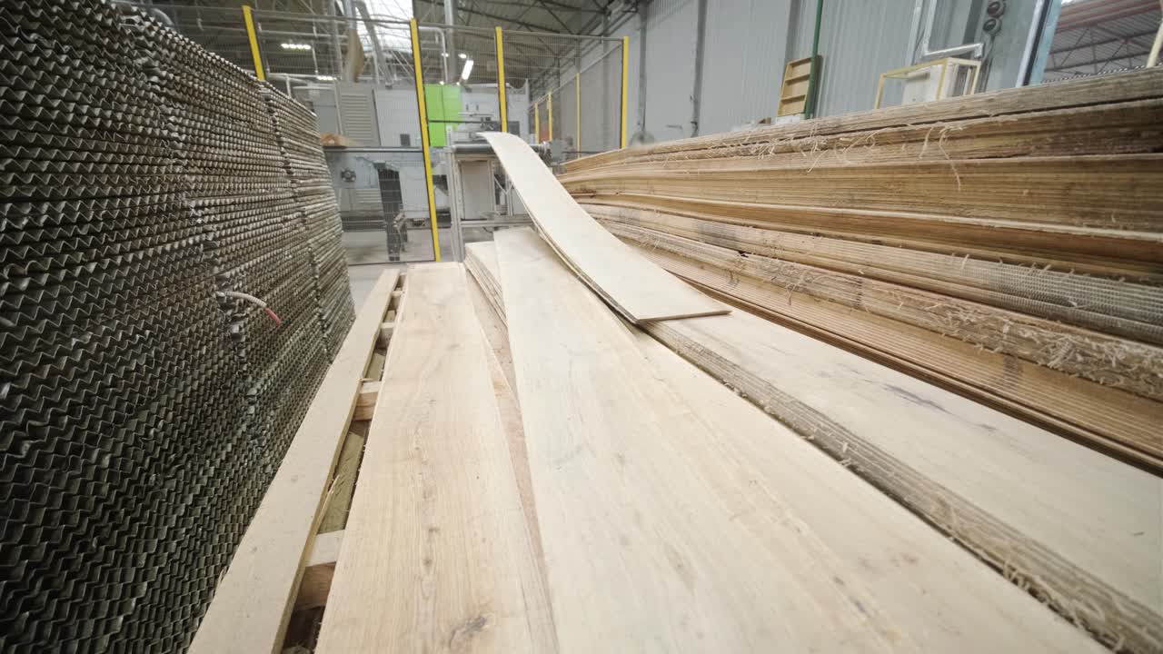 Tavole di legno in movimento su un nastro trasportatore in una fabbrica industriale
