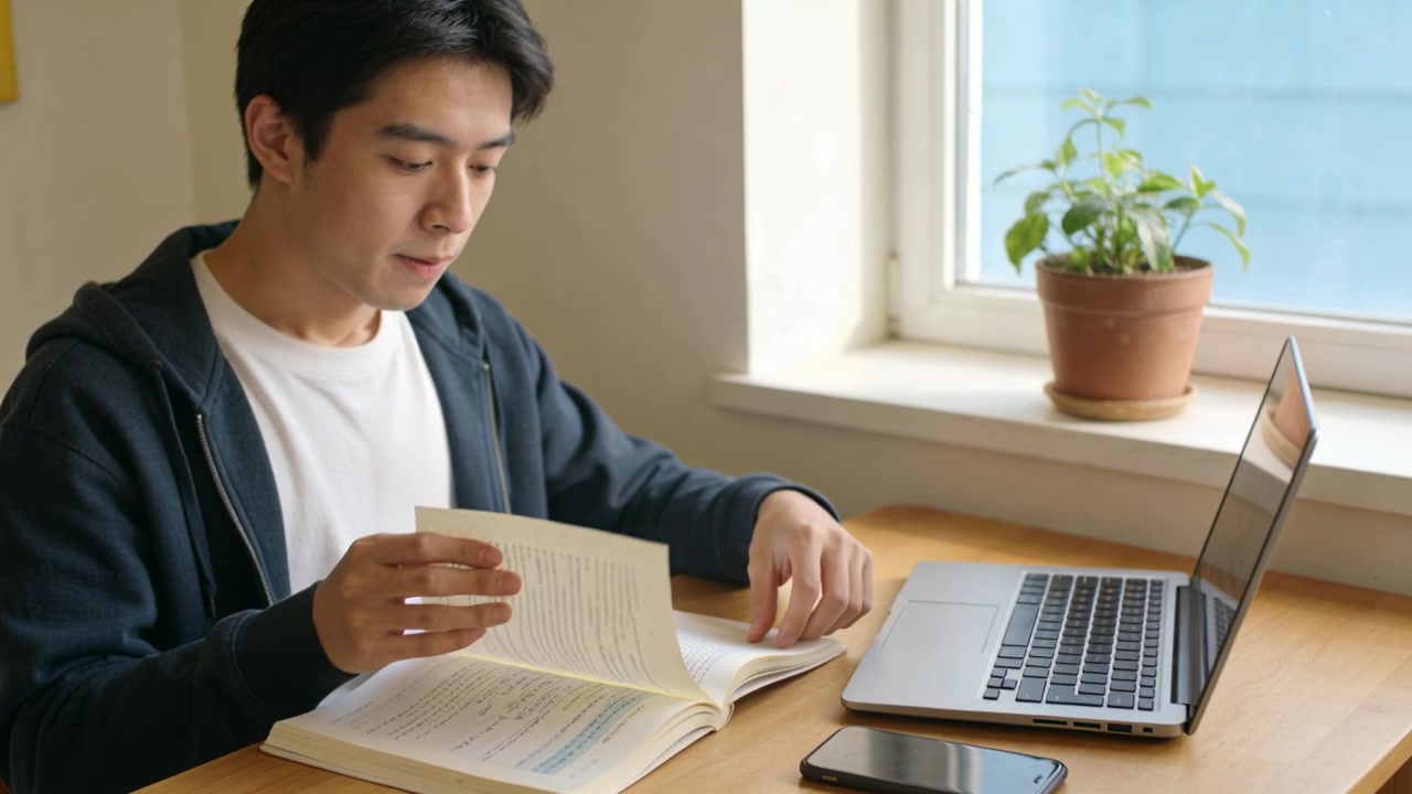 窓際の机で、ダークパーカーを着た男性がノートパソコン、スマートフォン、植物を傍らに教科書のページをめくりながら勉強する。