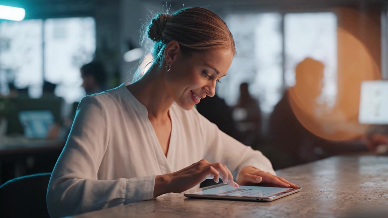 Engaged Woman Smiling While Using a Tablet in a Modern Workspace Environment, Highlighting Focus, Productivity, and Digital Communication in the Workplace.