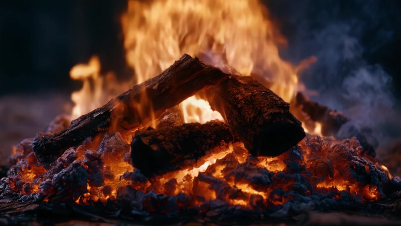 Fiamme affascinanti: Un primo piano di un falò scoppiettante con braci ardenti e fiamme danzanti nella notte, che evocano calore e tranquillità.