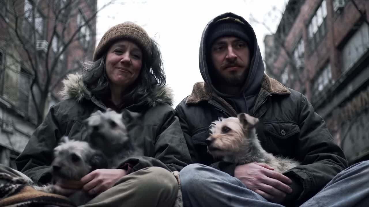 A Heartwarming Moment: Two Individuals Sit Together on the Street, Surrounded by Adorable Dogs, Showcasing the Bond Between Humans and Their Canine Companions.