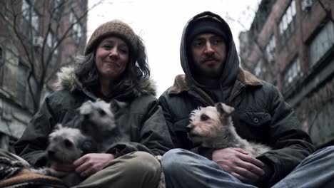 a heartwarming moment: two individuals sit together on the street, surrounded by adorable dogs, showcasing the bond between humans and their canine companions.