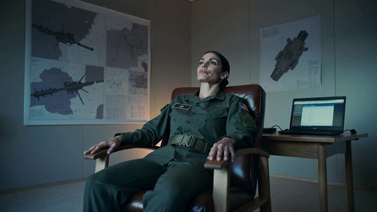 Ufficiale in uniforme che si ferma a pensare, reclinandosi lentamente su una poltrona in pelle nella sala briefing.