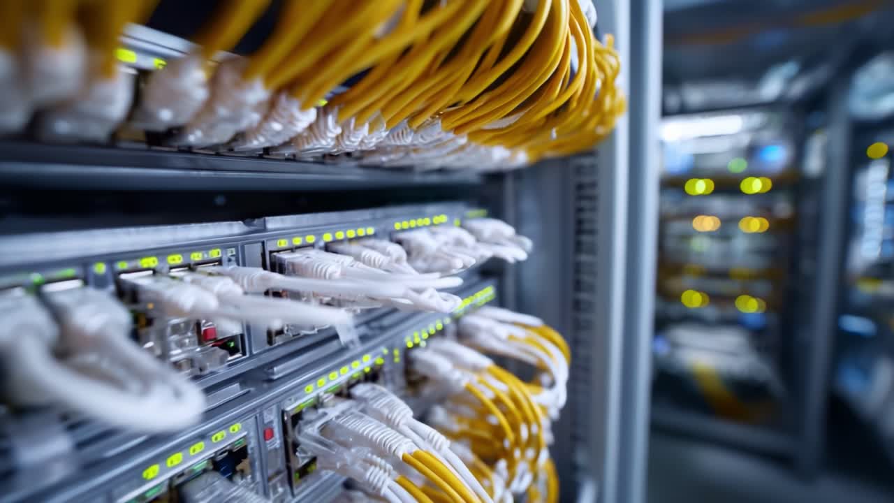 Primo piano ad alta risoluzione di un rack di rete con numerosi cavi Ethernet gialli e indicatori LED che illuminano la connettività e la funzionalità di trasferimento dati