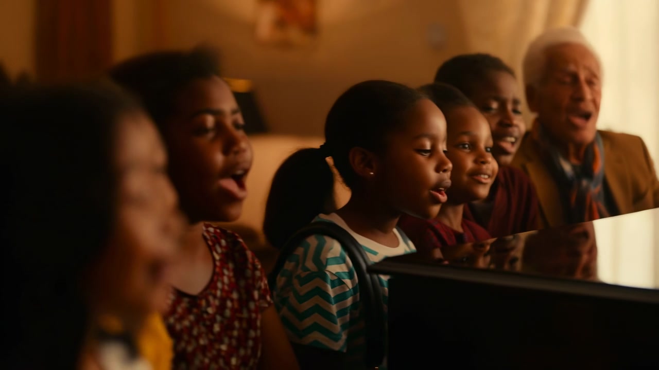 Black children sit close beside glossy piano with elderly man, mouths open in song or speech, inside cozy living room bathed in soft golden daylight, with blurred curtains and reflective surface