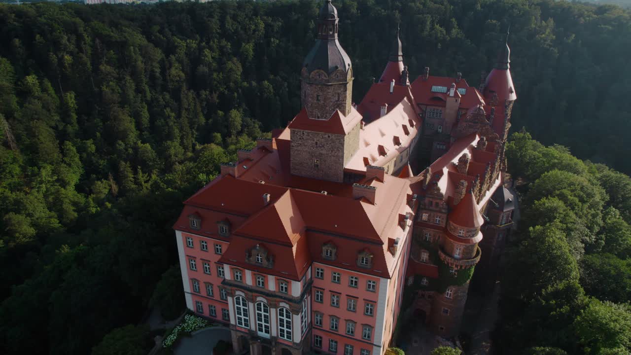 Aerial View of a Majestic Castle Surrounded by Forest