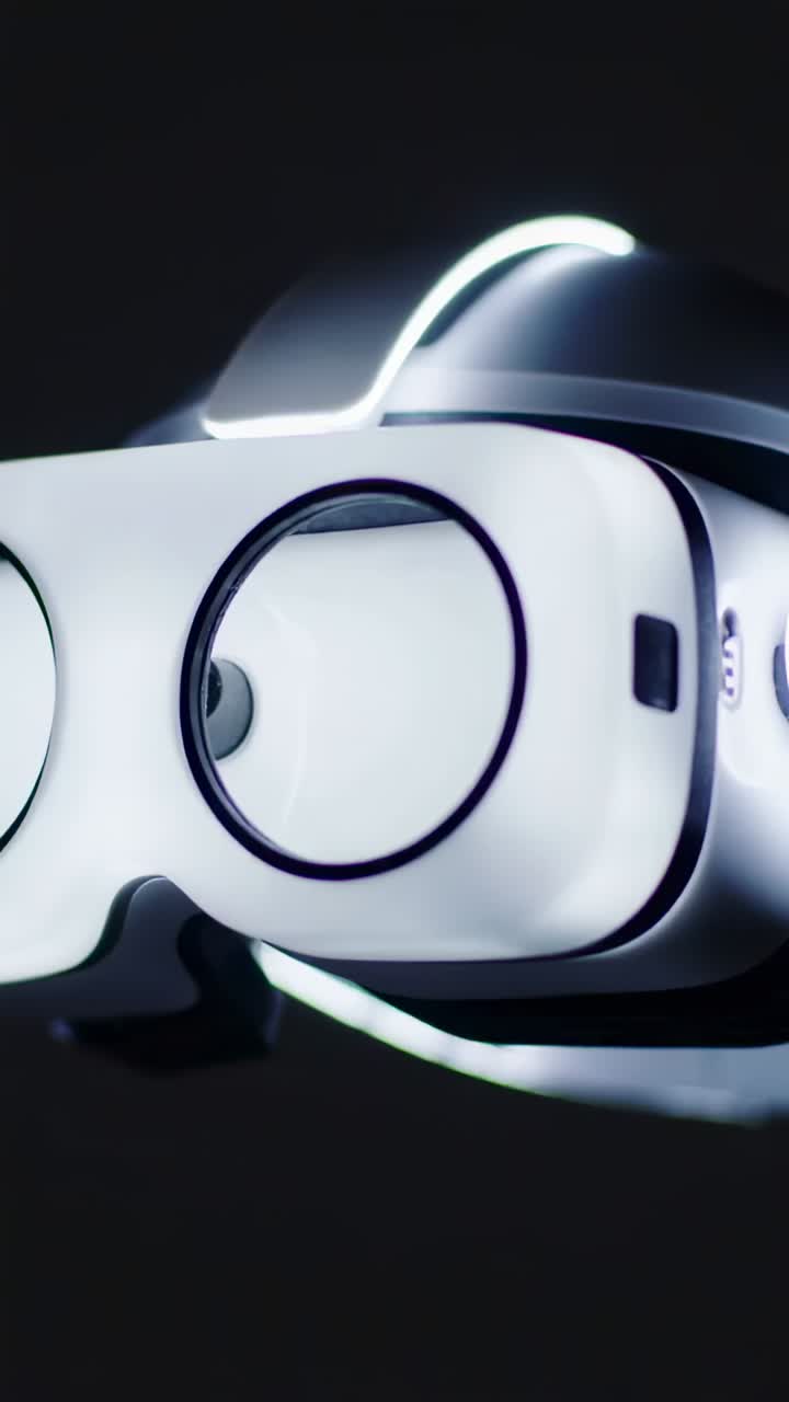 Vertical video: Panning camera unveiling white VR headset in studio, showing dual lenses for reveal