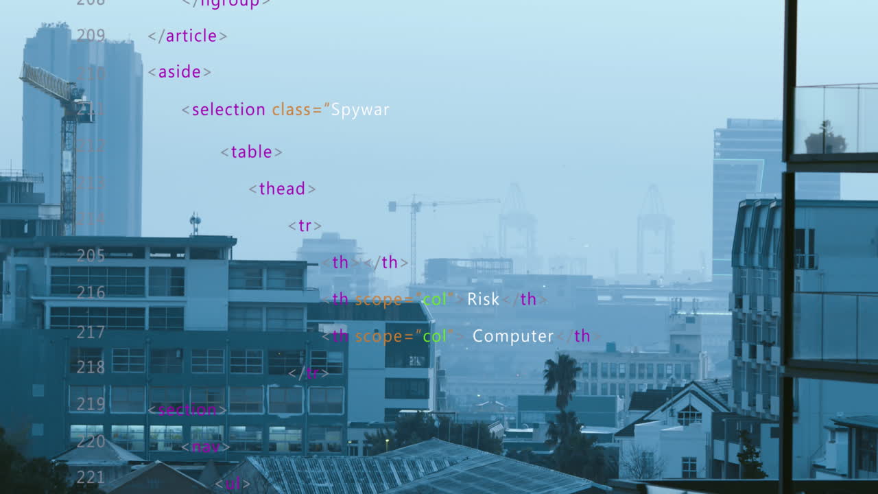 도시 풍경 위의 디지털 데이터 처리의 애니메이션