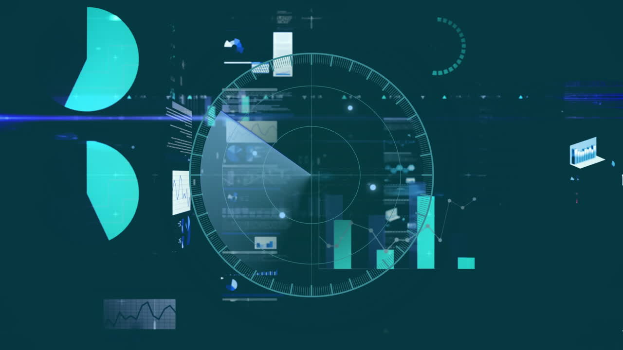 Animation of financial data processing and scope scanning on dark background