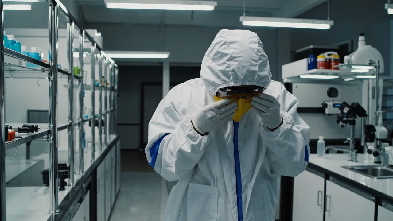 실험실에서 보호 장비를 입은 과학자