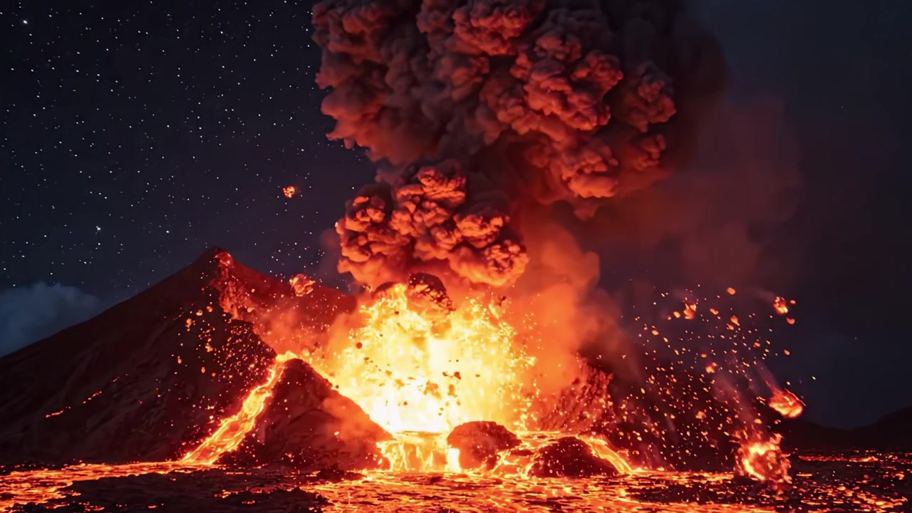 Et fantastisk skue av naturens rå kraft utfolder seg idet boblende lava og tykk røyk velter opp mot nattehimmelen, og viser et spektakulært vulkanutbrudd under stjernene.