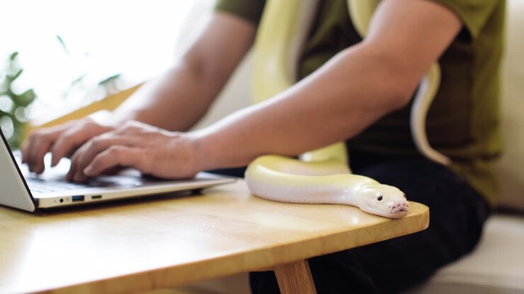 Man working with snake at home