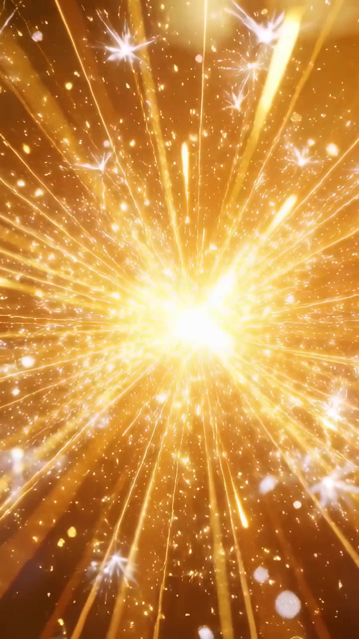 Video verticale: Nucleo di esplosione stellare che si accende, luce centrale che proietta raggi e polvere su un campo ambrato in crescita