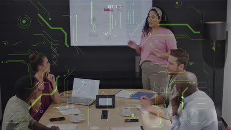 presenting financial data, businesswoman using animation in modern conference room