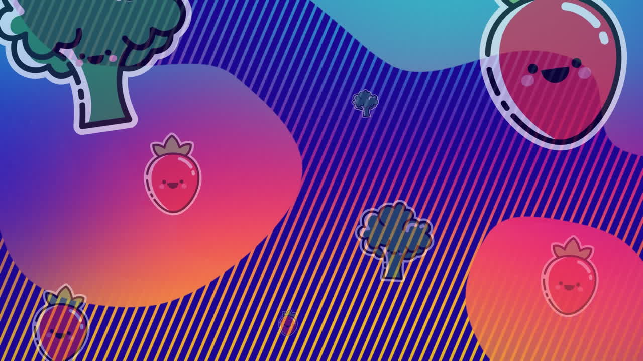 animación de árboles y fresas que caen sobre un fondo de rayas coloridas