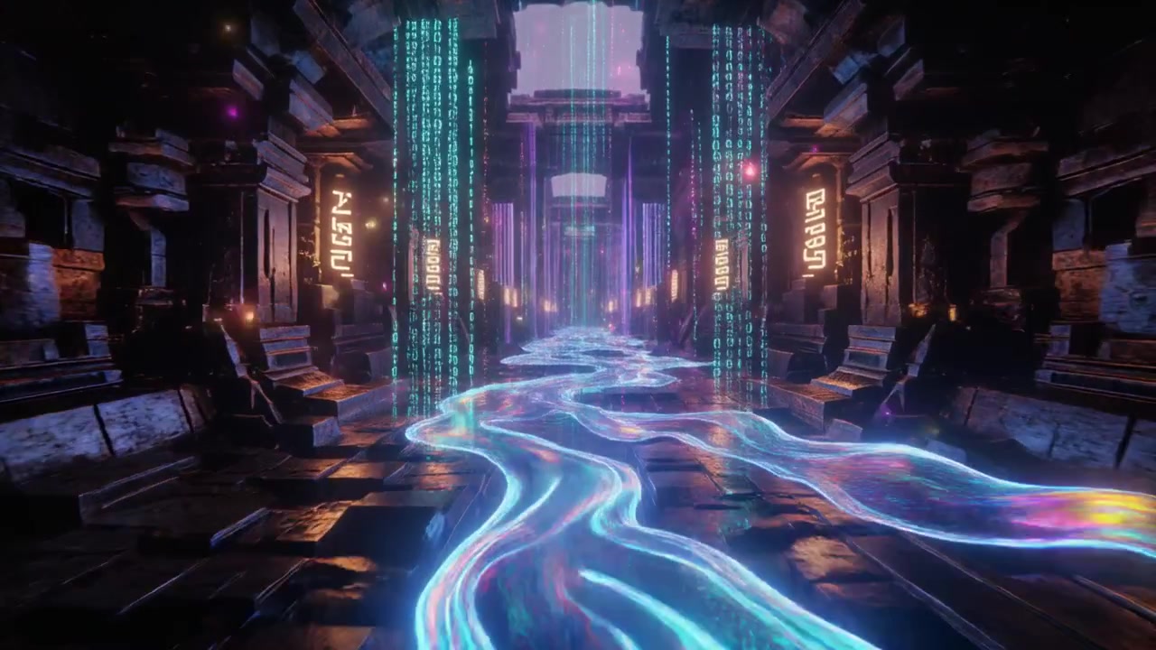 Futuristic Temple Corridor with Glowing Digital Data Stream