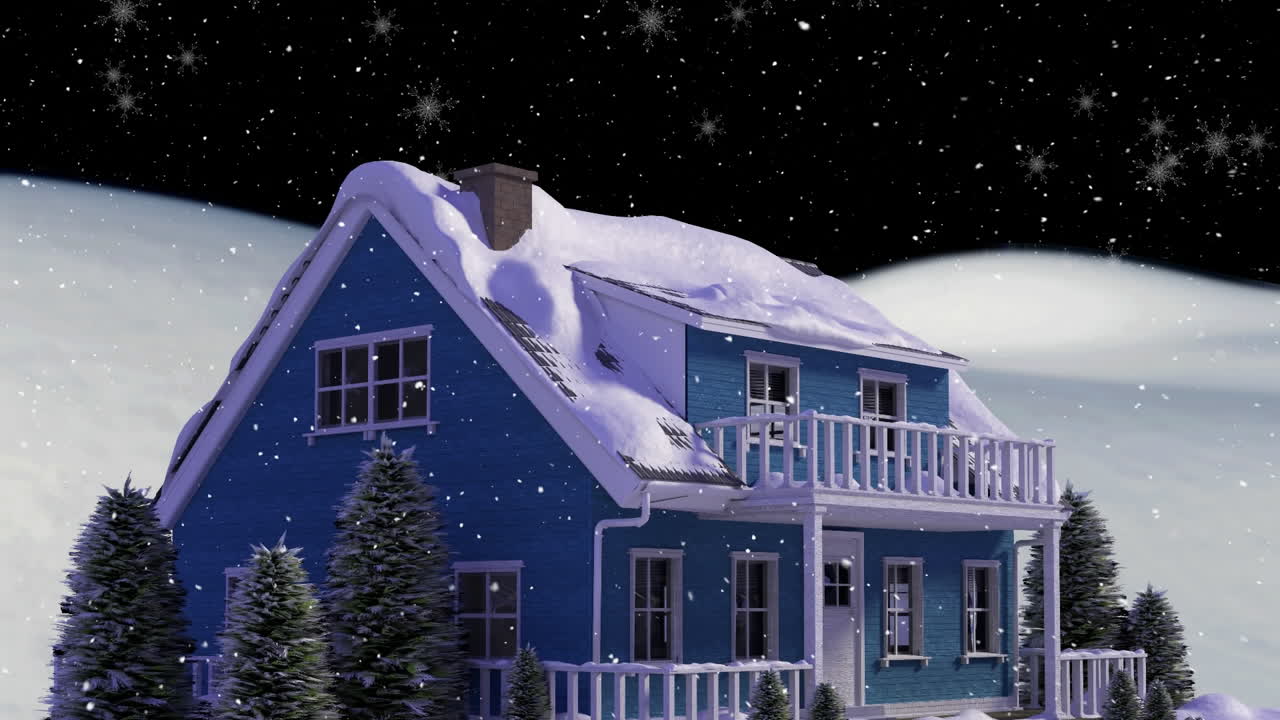 눈과 겨울 풍경 배경으로  ⁇ 인 집 위에 내리는 눈의 애니메이션