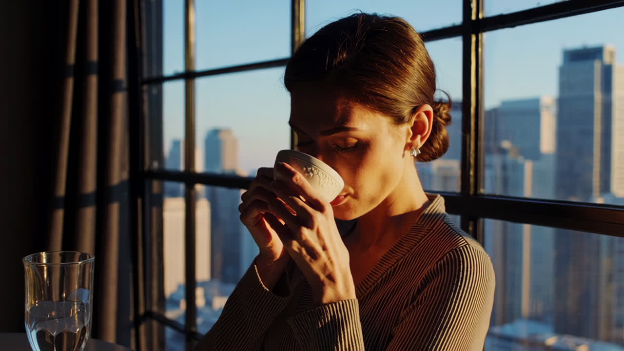 Woman enjoying a cup of coffee or tea by a panoramic window with a city view.