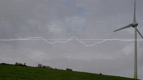 wind turbine on grassy hill with sound wave animation over cloudy sky