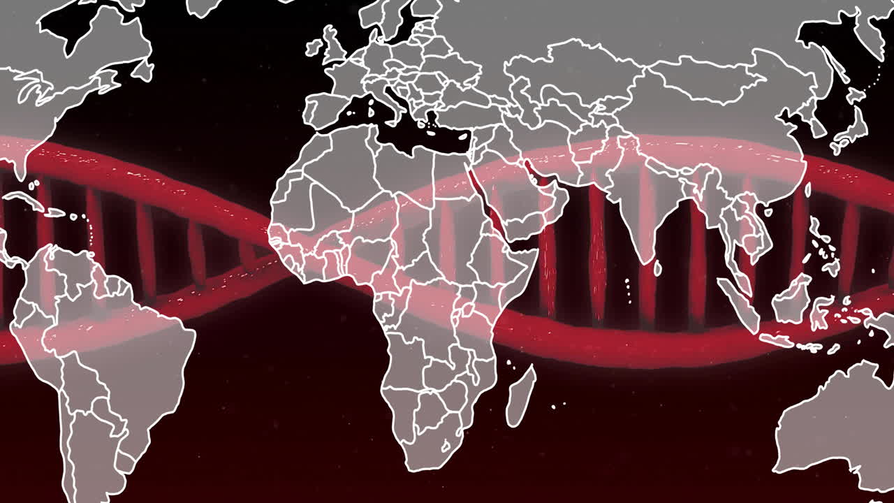 Animazione di un filamento di DNA su una mappa del mondo