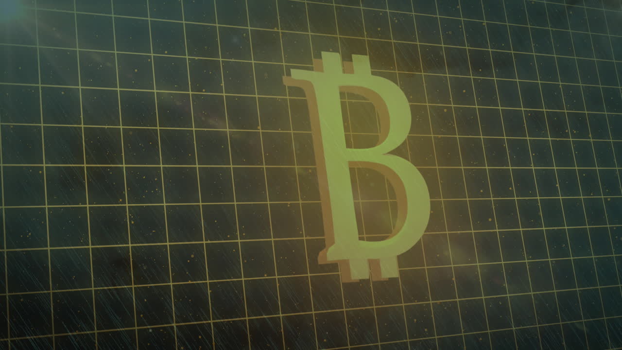 animación digital del símbolo de la moneda bit en la red contra la tormenta eléctrica en el cielo nocturno