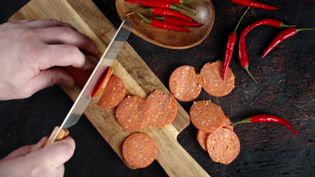 salame cortado en pedazos con un cuchillo afilado en la tabla de cortar.
