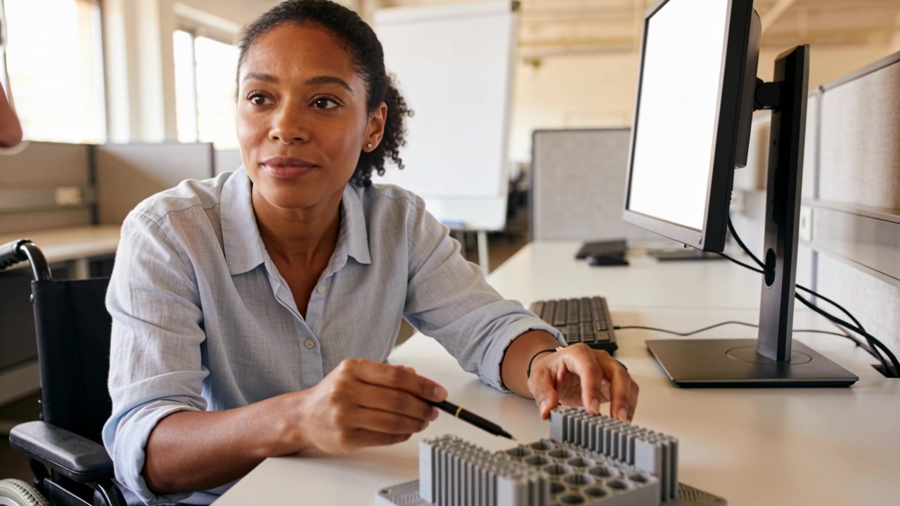 Leaning woman in wheelchair in blue shirt showing prototype with pen at desk when colleague asking