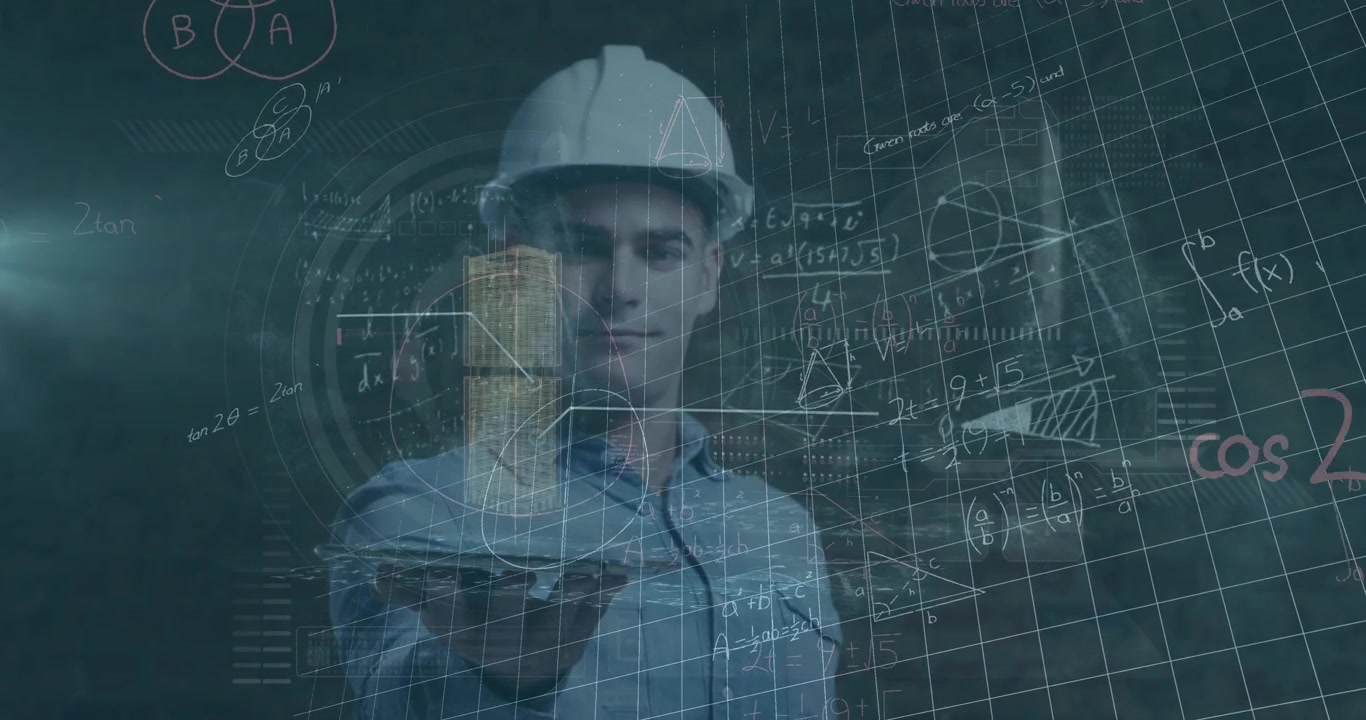 Animatie van gegevensverwerking over een Kaukasische mannelijke werknemer met een tablet.