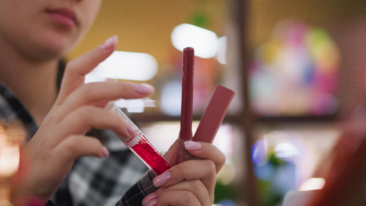 Closeup view of young woman examining and identifying different cosmetic items in hand, including lipstick and lip gloss, with blurred background lights adding a stylish ambiance