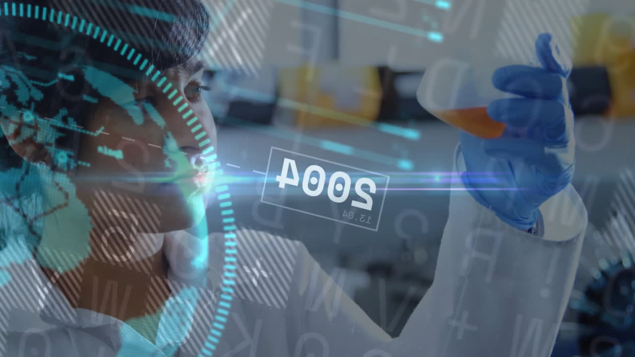 woman scientist wearing gloves examining orange solution in tech lab, overlaying digital HUD charts