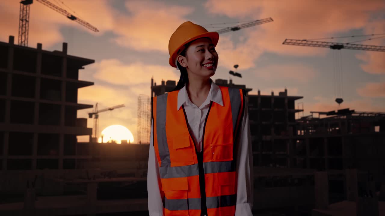 Asian Female Engineer With Safety Helmet Looking Around While Standing At Construction Site in Progress to New House