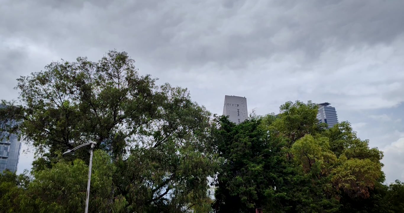 Cena urbana estática com os icónicos arranha-céus do Paseo de la Reforma, vegetação exuberante e nuvens em movimento, destacando o caráter vibrante e a importância global da Cidade do México.