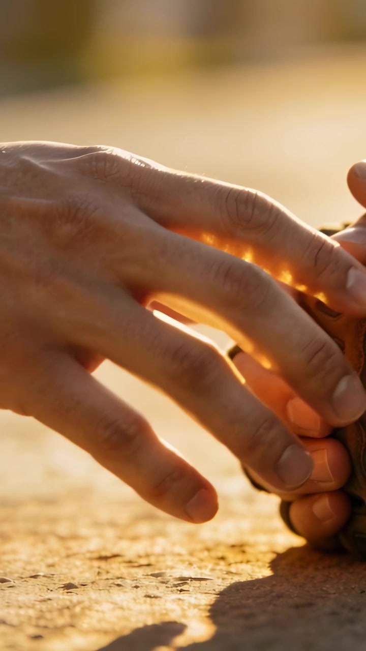 Vertical video: Entering left hand tapping right hand holding carved token on sunlit sand, shifting