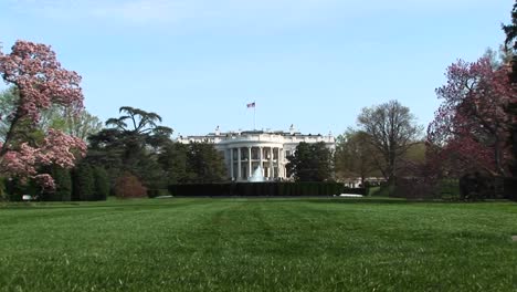 the camera zoomsin across a lush green yard to the entrance of the white house