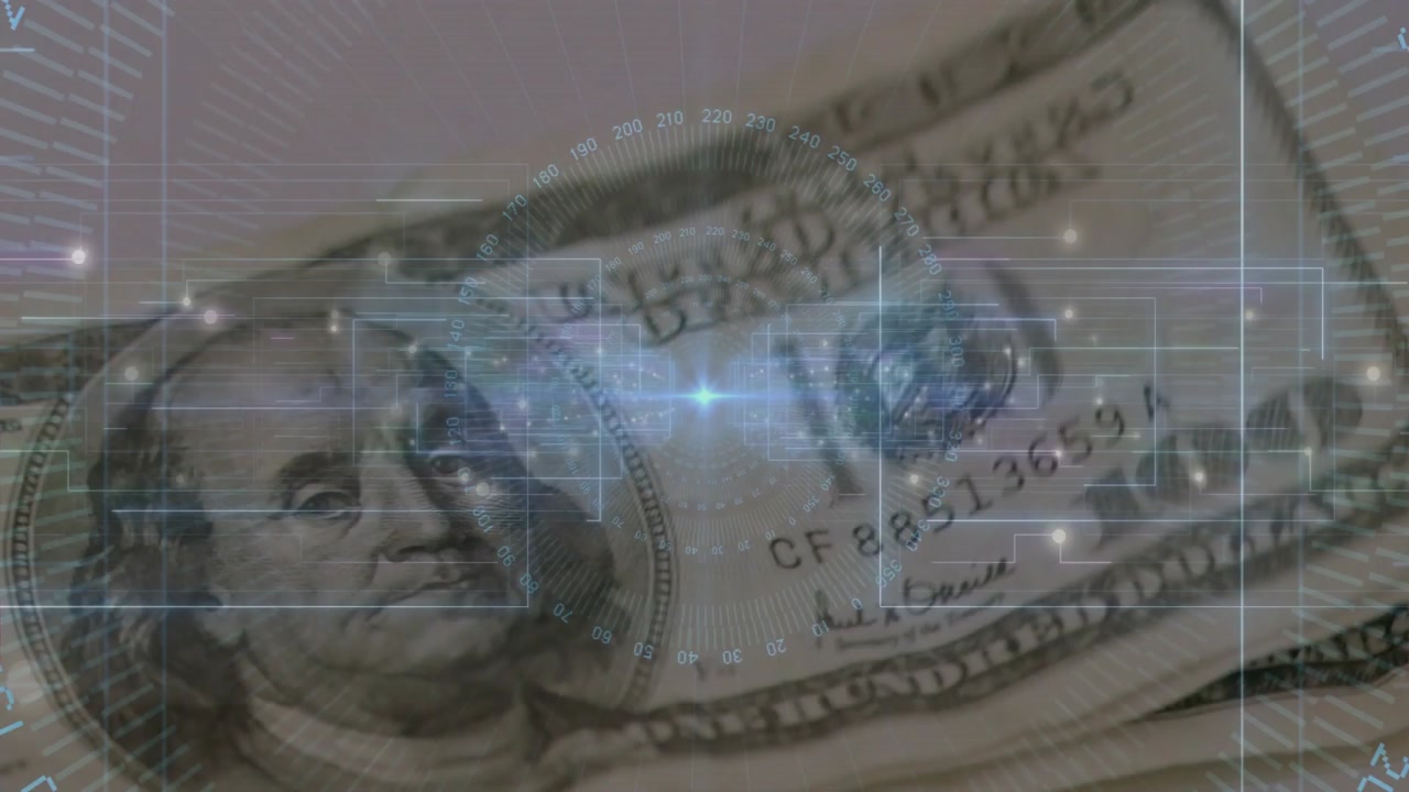 Stack of hundred-dollar bills emerging under HUD scan, showing serial CF88513659A and finance info