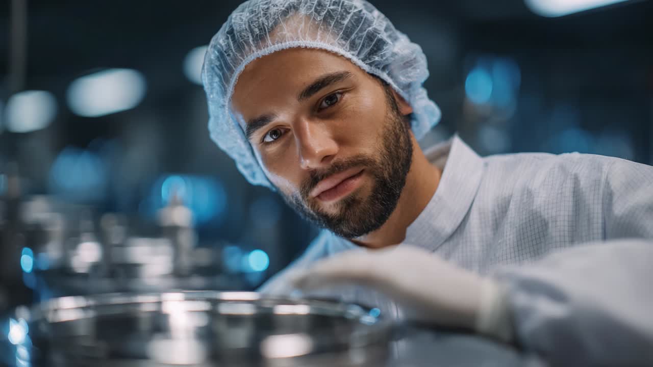 A focused technician inspects specialized equipment in a high-tech laboratory, wearing personal protective gear to ensure safety and precision while managing sensitive materials in a sterile environment