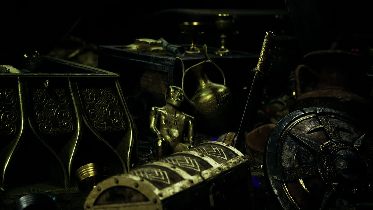 Treasured artifacts and mysterious objects in a dark enchanted chamber